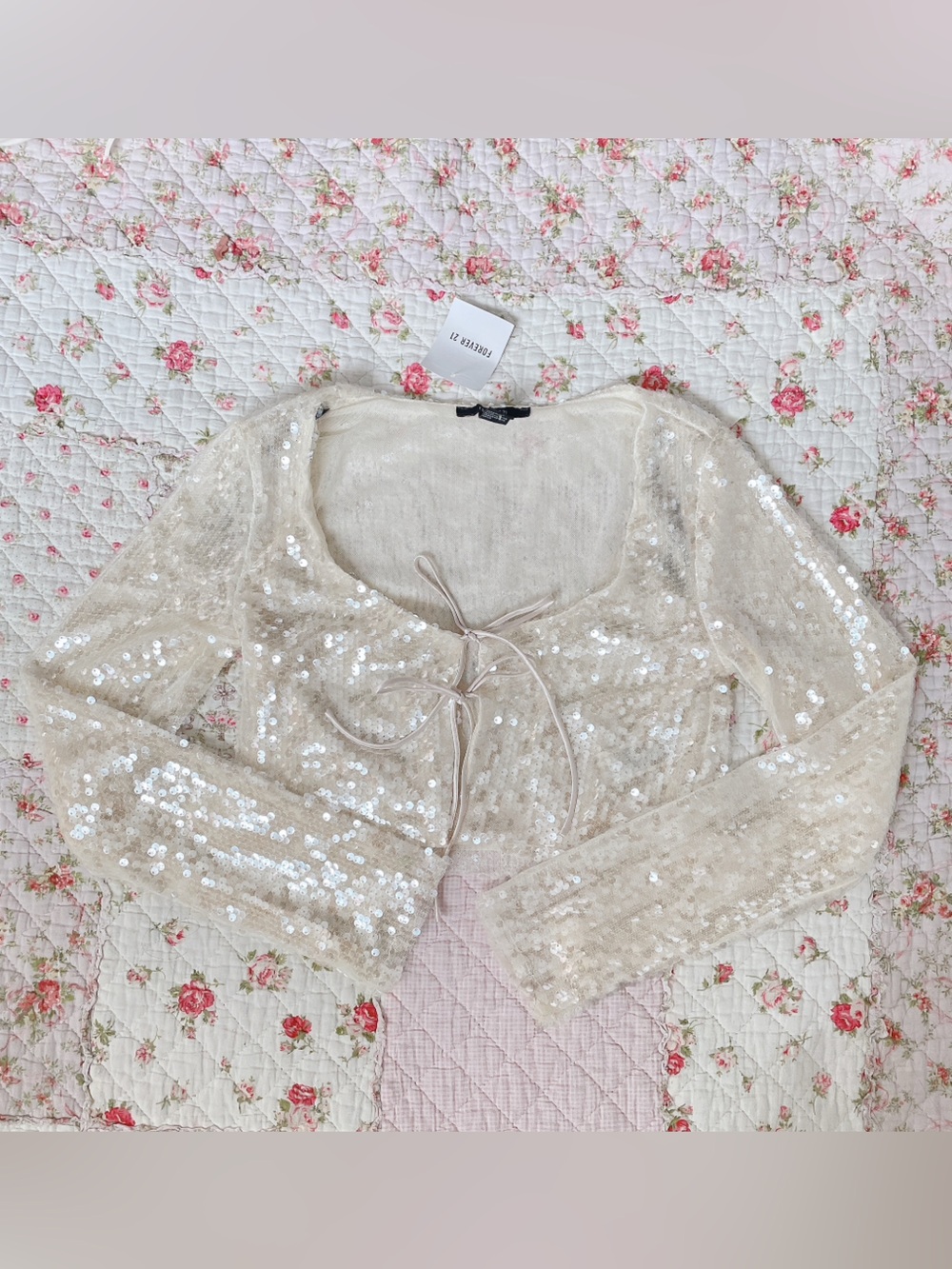 Sequin Tie-Front Crop Top - Cream